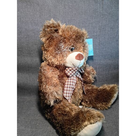 Burton & Burton Brown Fluffy Plush Stuffed Teddy Bear Plaid Bow 15" New with Tag - Picture 4 of 6
